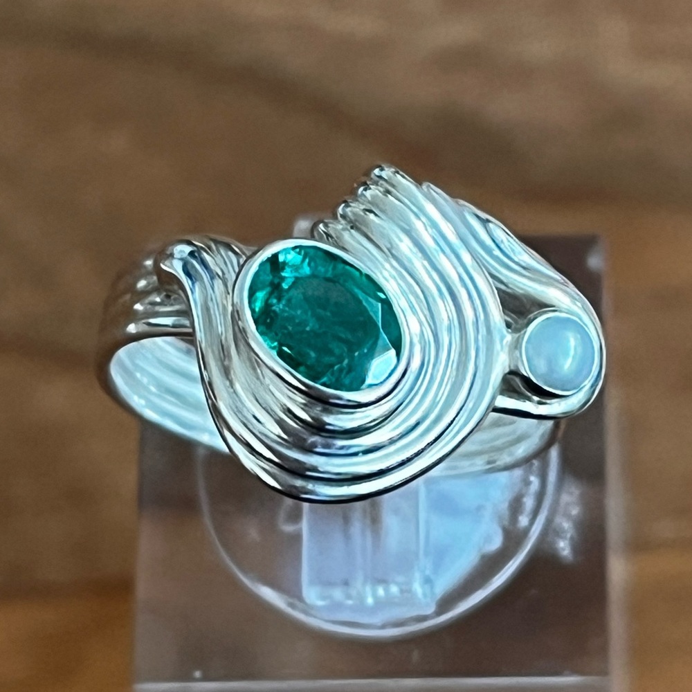 Sterling Emerald & Pearl Ring Size 6-1/2 F